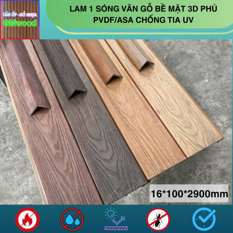 Lam 1 sóng vân gỗ bề mặt 3D phủ PVDF/ASA chống tia UV